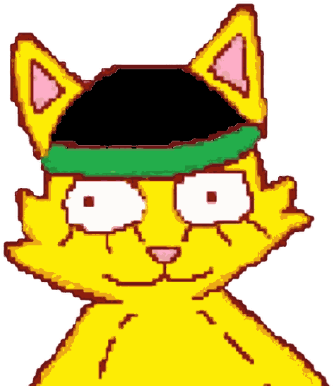 A yellow cat with a green headband, pupils fully dilated.